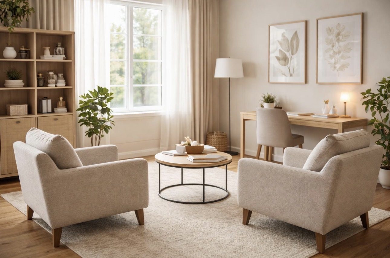 A calm, light counselling room with two armchairs