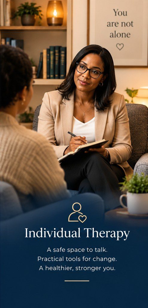 Individual therapy: a safe space to talk, practical tools for change, a healthier, stronger you